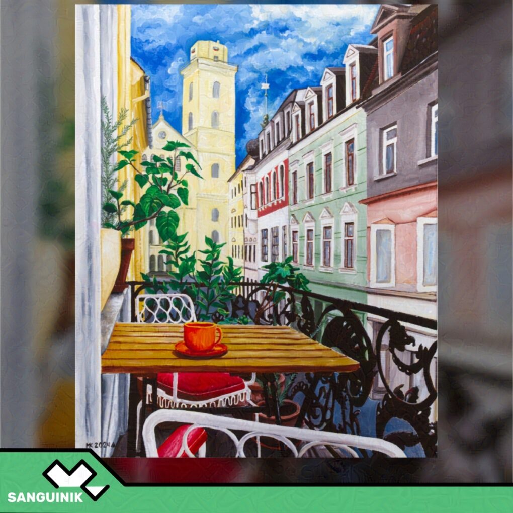 Gemalte Ansicht einer Straße von einem Balkon aus. Im Hintergrund ist eine Kirche zu sehen. | Painted view of a street, seen from a balcony.